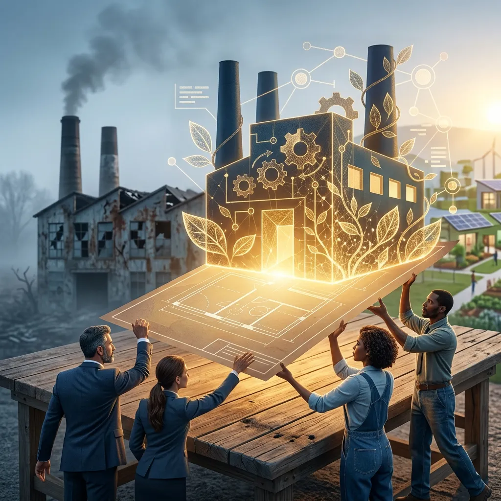 Illustration of workers taking collective ownership of a factory.