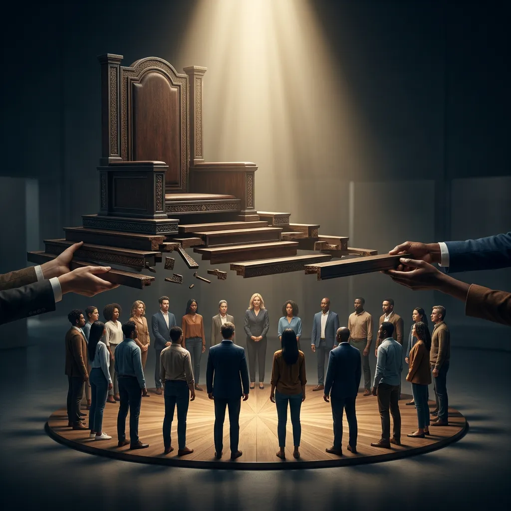 Illustration of a diverse circle of people standing on a round wooden platform below an ornate empty throne on broken pillars, with two hands on either side holding away the throne’s supporting beams.