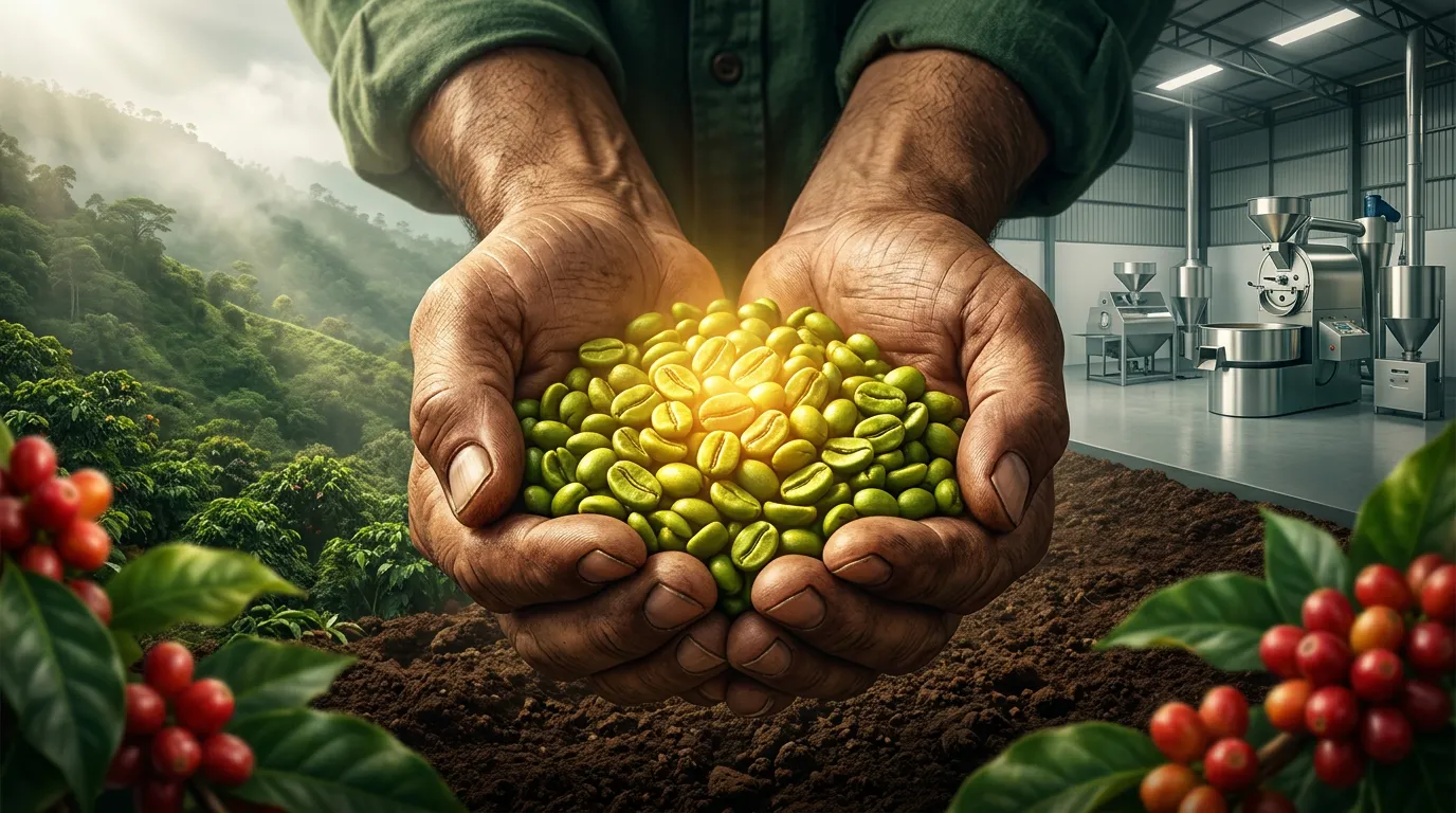 Illustration of a farmer’s cupped hands holding fresh green coffee beans, glowing with warm light, with coffee cherry branches in the foreground, a misty jungle hillside on the left, and a stainless steel roasting and processing facility on the right.