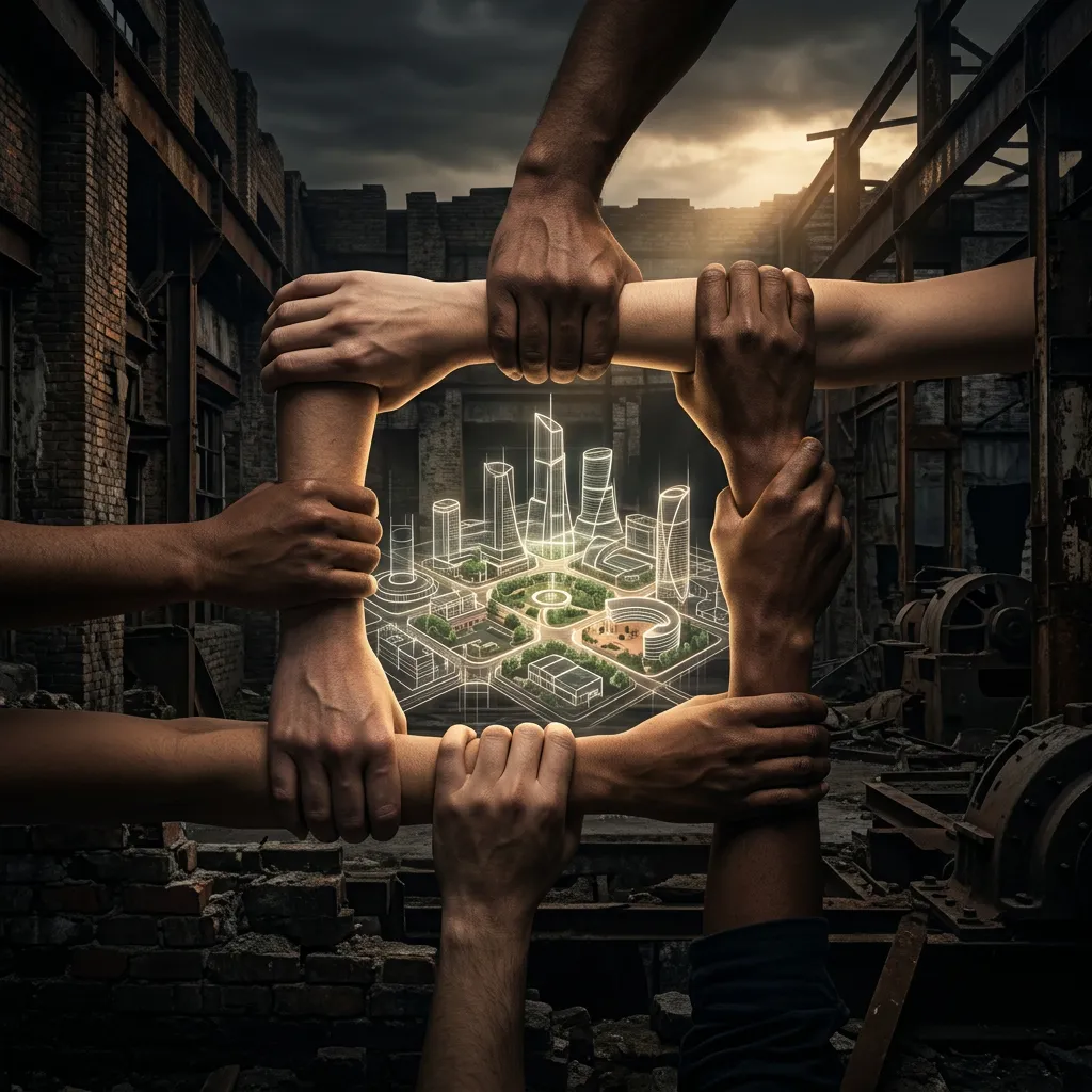 Illustration of many hands from different people gripping forearms in a circle, forming a chain that frames a glowing blueprint of a new city, set against the backdrop of a dark, ruined industrial building.