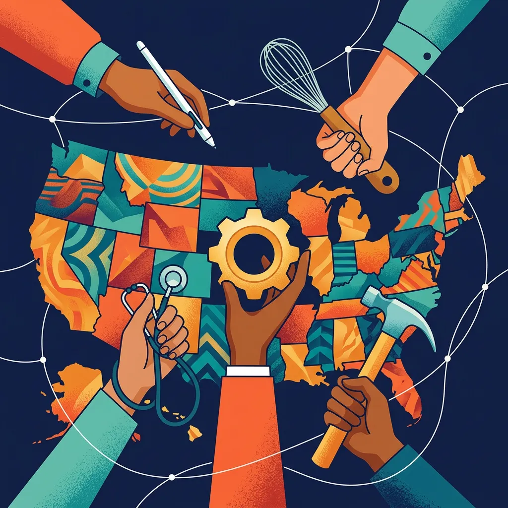 Illustration of hands from different backgrounds reaching over a U.S. map, holding a pen, whisk, stethoscope, gear, and hammer, connected by a network of lines.