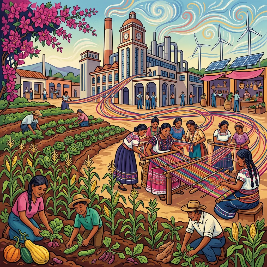 Illustration of a Mexican town where farmers harvest corn and vegetables in the foreground while a group of indigenous women weave textiles on traditional looms, with a cooperative cement factory, wind turbines, and solar panels visible in the background.