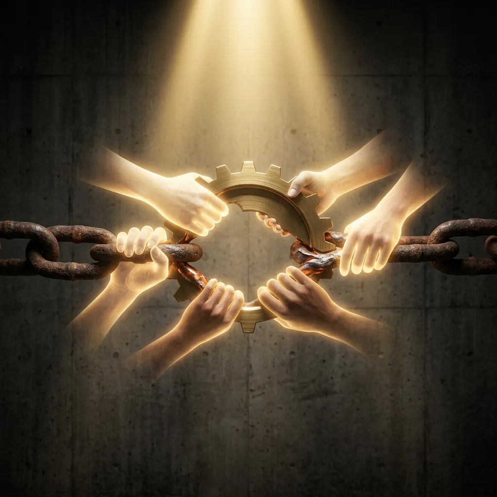 Illustration of six glowing hands gripping and turning a golden gear that connects and breaks a rusted iron chain, lit from above in a dark concrete room.