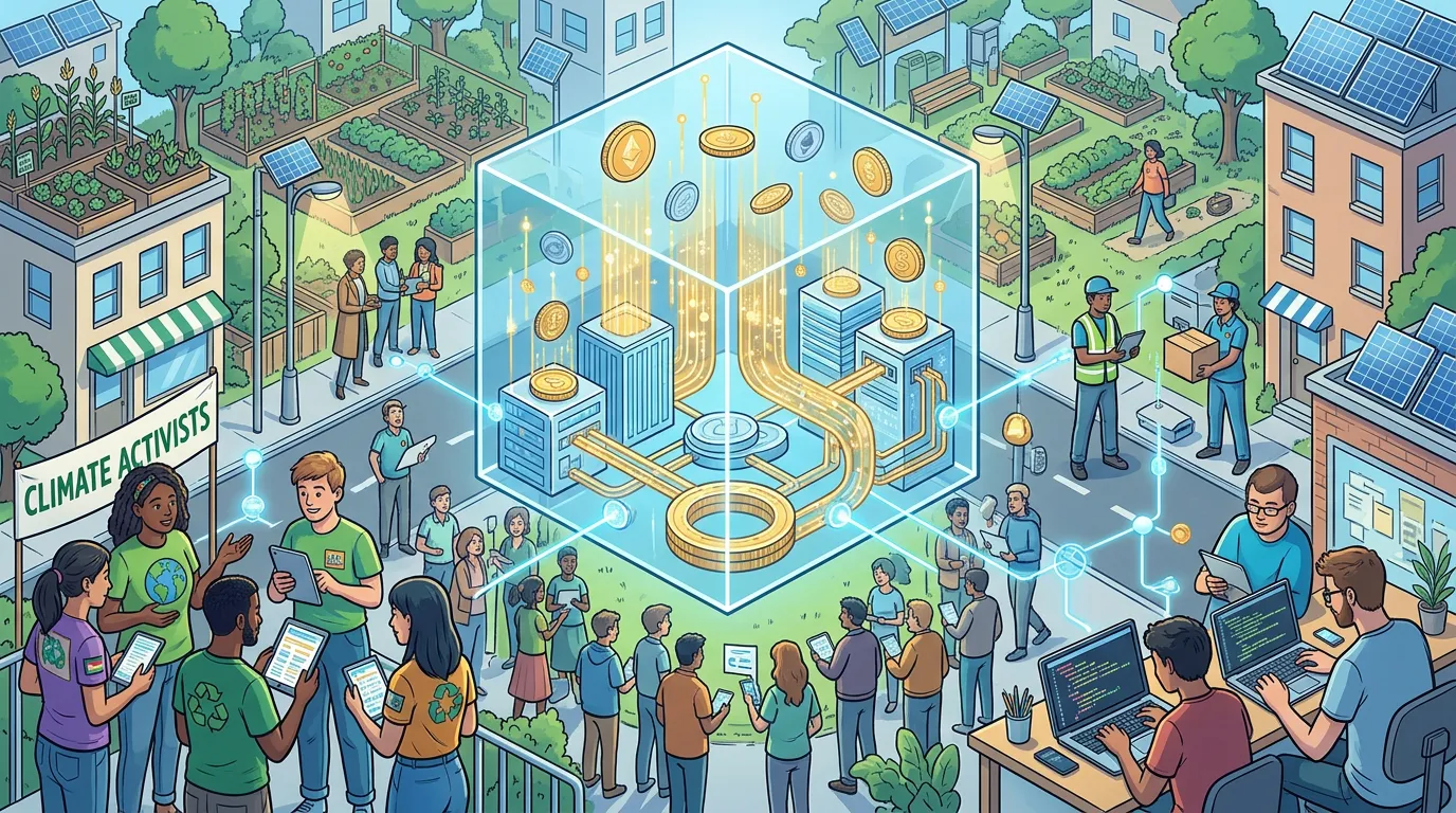 Illustration of a glowing translucent cube filled with flowing coins and digital currency connecting server infrastructure, surrounded by a diverse crowd of climate activists, mutual aid volunteers, and open source developers working on laptops in a green urban neighborhood with solar panels and rooftop gardens.