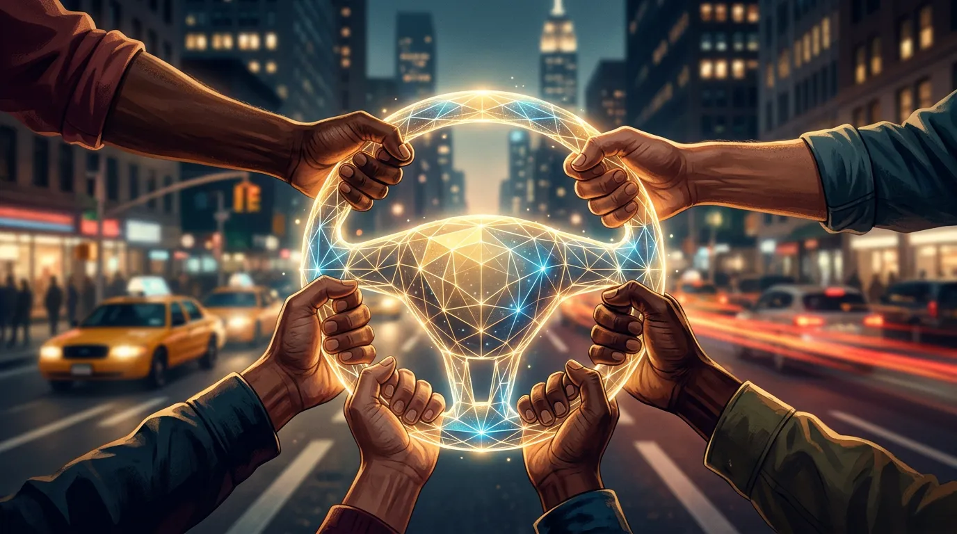 Illustration of five hands from different people gripping a glowing, geometric steering wheel together on a busy New York City street at night, with taxis and traffic light trails in the background.