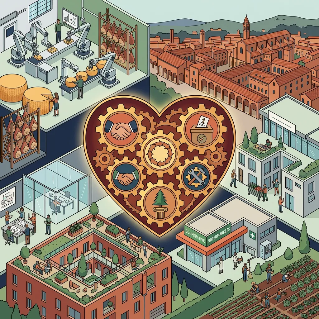 Illustration of a glowing mechanical heart made of interlocking gears at the center of an isometric map showing a robotic cheese and prosciutto factory, a historic Italian town, a rooftop garden housing cooperative, an architecture studio, a cooperative supermarket, and a community farm.