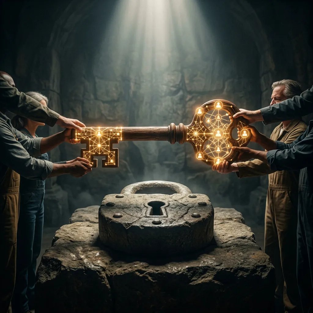 Illustration of two pairs of hands from opposite sides fitting together the two halves of a glowing golden key etched with a network of connected human figures, poised above a large stone lock.