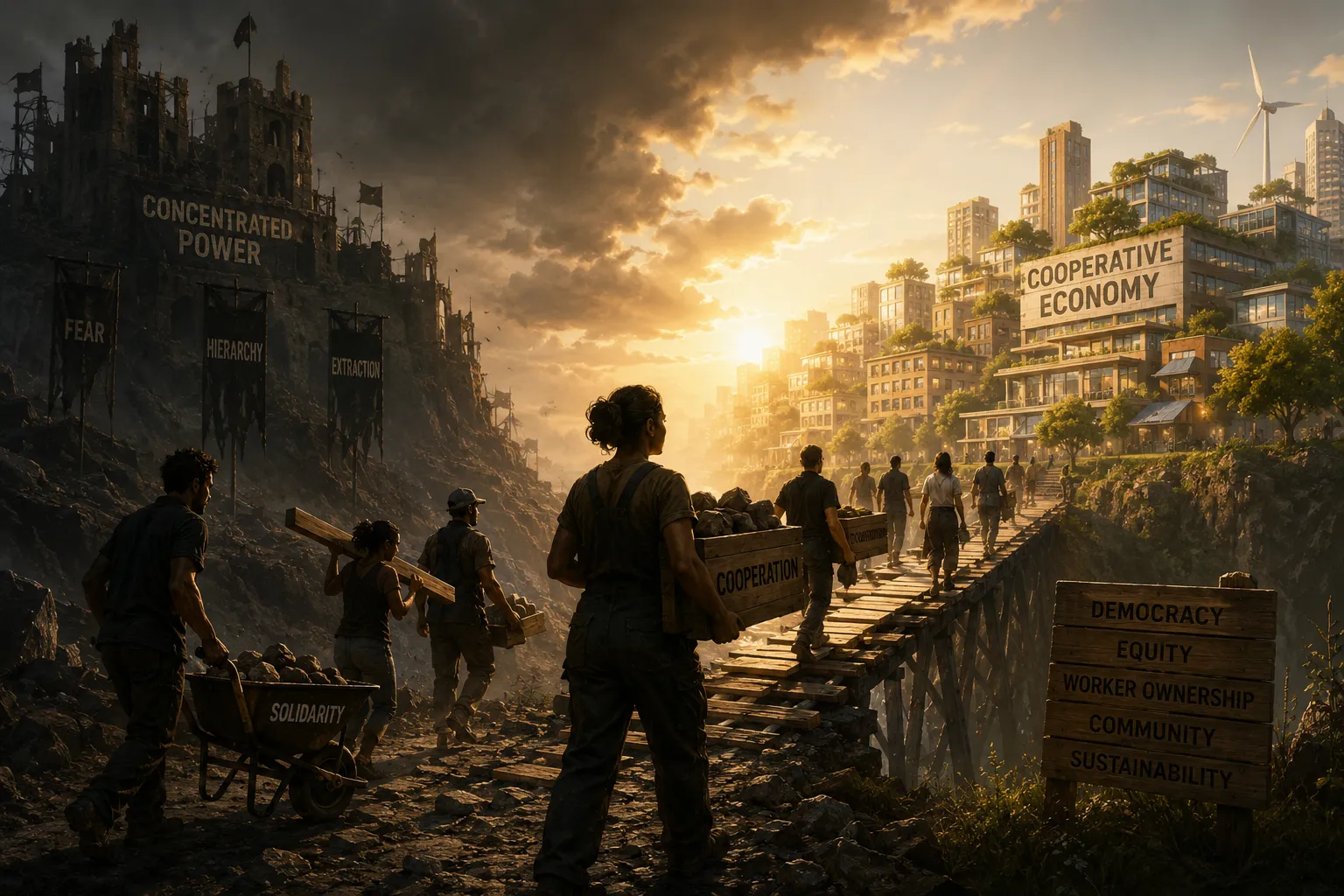 Illustration of worker-owners carrying crates labeled “Cooperation” and pushing a wheelbarrow labeled “Solidarity” across a wooden bridge toward a glowing green cooperative city, leaving behind a dark crumbling castle marked “Concentrated Power,” “Fear,” “Hierarchy,” and “Extraction.”