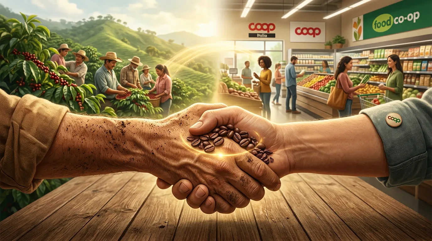 Illustration of two hands clasped together holding coffee beans over a wooden table, connecting a coffee farm on the left where farmers harvest cherries to a bustling grocery co-op on the right where shoppers browse produce aisles.