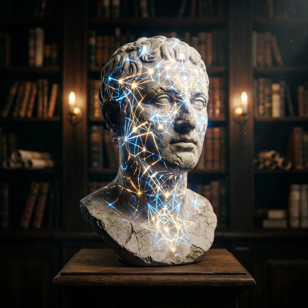 Illustration of a cracked stone bust of a classical figure glowing from within with a network of bright constellation-like lines and points, set on a wooden pedestal in a dimly lit library flanked by candle sconces and bookshelves.