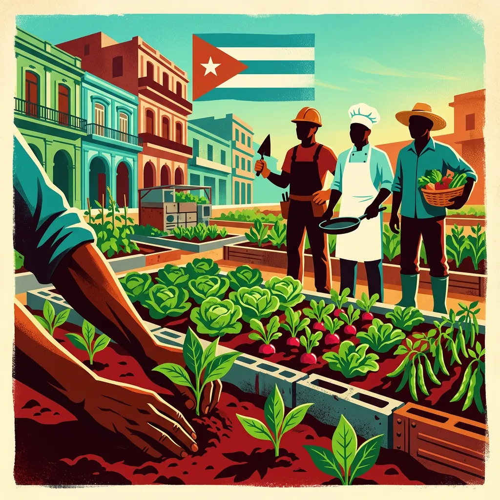 Illustration of three Cuban workers — a construction worker, a chef, and a farmer — standing in a rooftop urban garden of cabbages, radishes, and peas, with a hand planting seedlings in the foreground and a Cuban flag over the colorful buildings of Havana in the background.