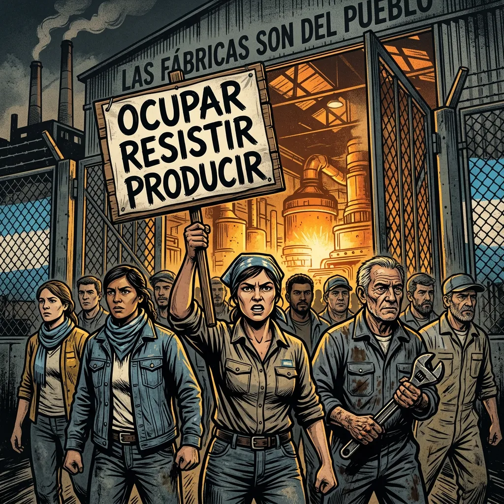 Illustration of factory workers marching together, one holding a sign reading “OCUPAR RESISTIR PRODUCIR,” with a banner reading “LAS FÁBRICAS SON DEL PUEBLO” above a glowing industrial factory interior.