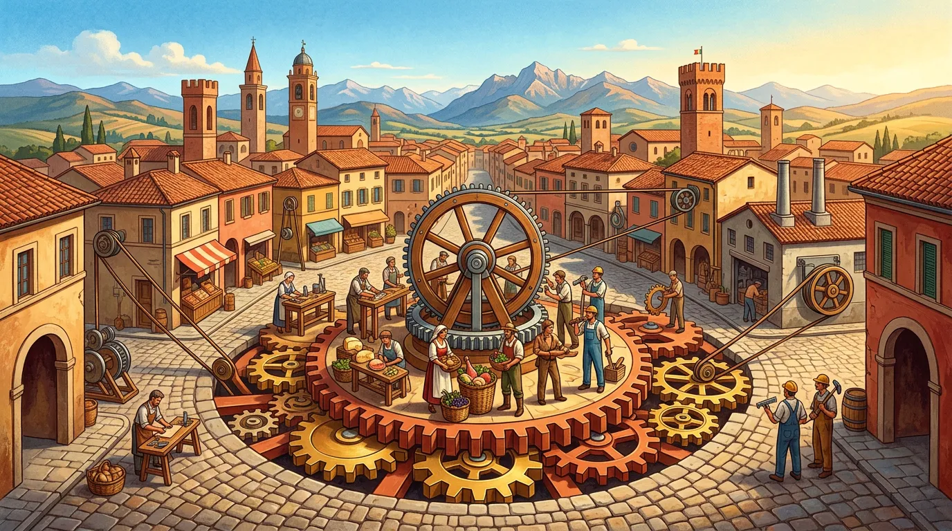 Illustration of an Italian piazza where a giant wooden and gold gear wheel powers cheese, prosciutto, and produce vendors, artisans, and workers, with historic bell towers and Apennine hills in the background.
