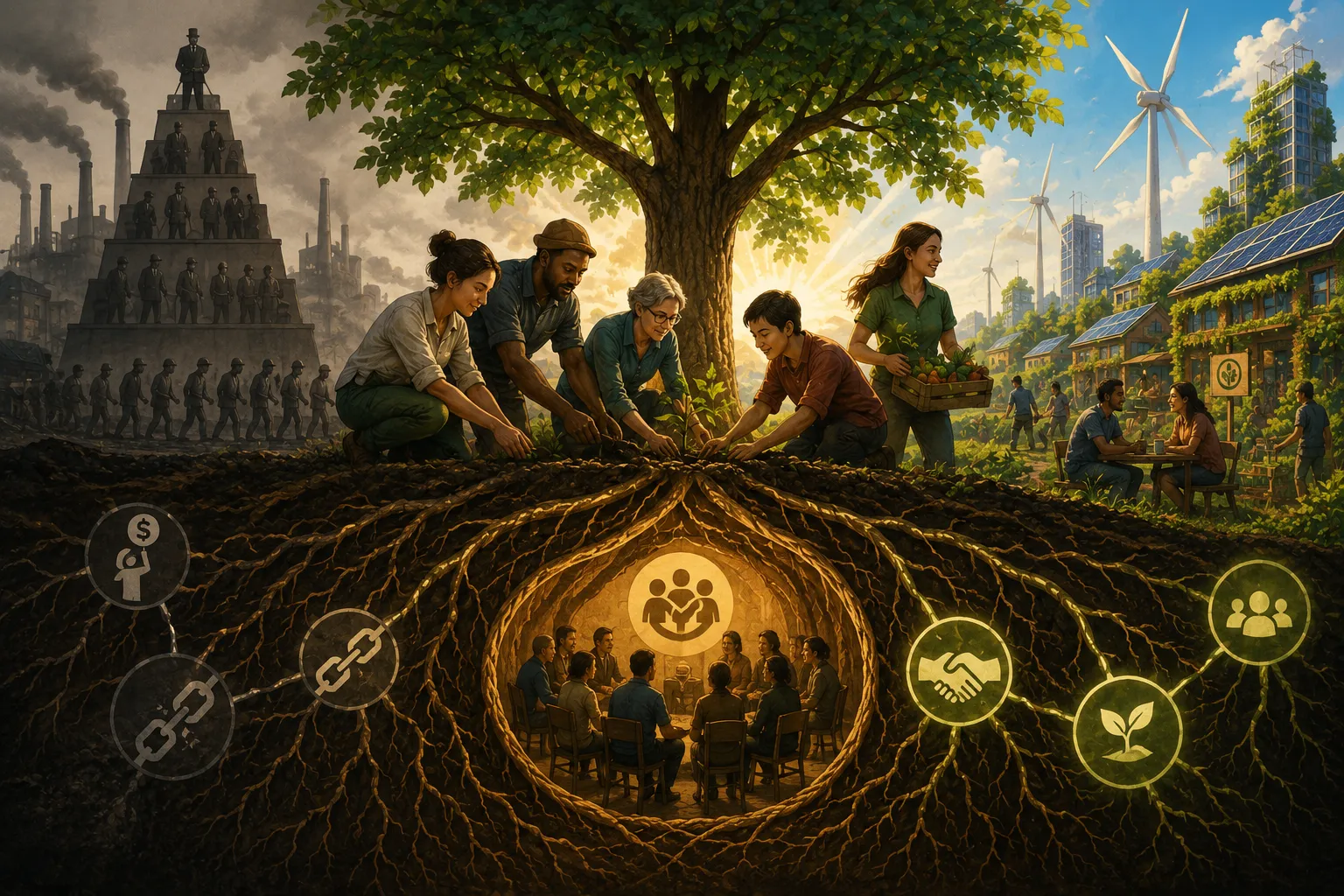 Illustration of five people planting a sapling together above ground, its roots below descending into a glowing underground circle where twelve figures sit in a democratic council meeting, with a smokestack pyramid of workers on the left contrasted against a solarpunk community of wind turbines, solar panels, and gardens on the right.