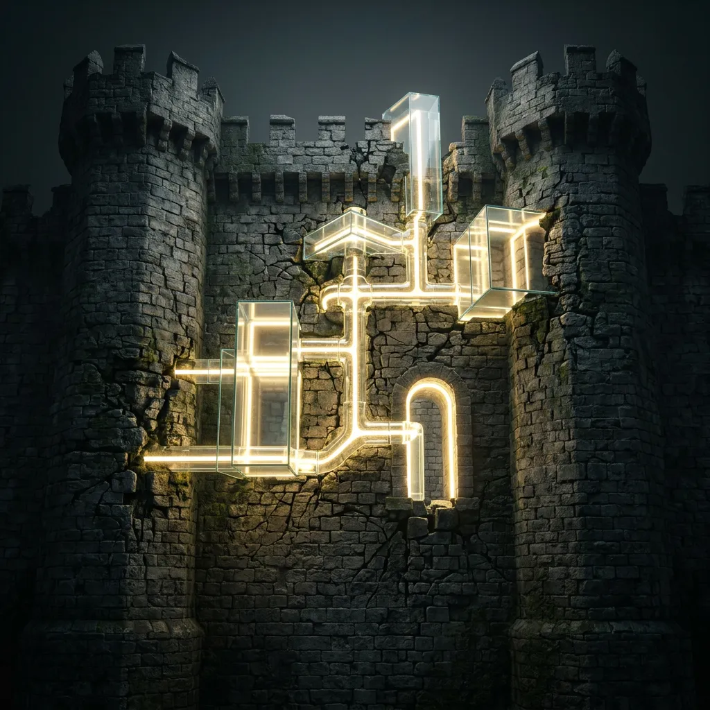 Illustration of glowing translucent glass structures and pathways of light growing out from within the cracks of a dark medieval stone castle.