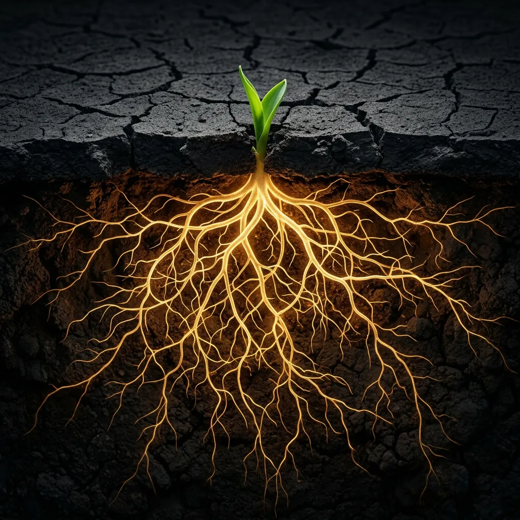 Illustration of a single green seedling growing through a crack in dark cracked pavement, its glowing golden roots spreading wide and deep underground.