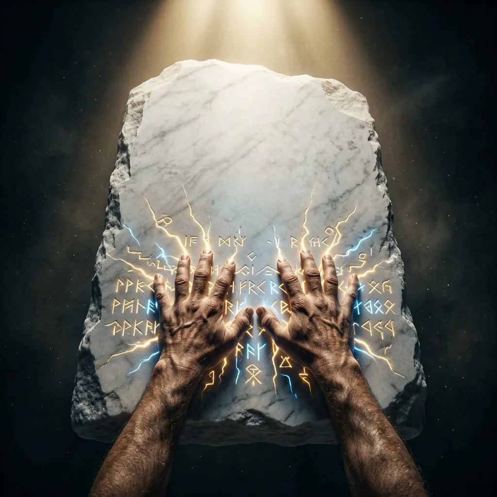 Illustration of two glowing hands pressing runic symbols into a stone tablet, with beams of light shining down from above onto the cracked marble surface.