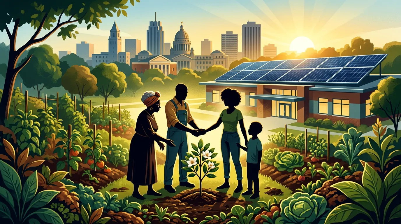 Illustration of a Black family shaking hands and planting a sapling together in a lush community garden, with solar panels on a nearby building and the Jackson, Mississippi skyline glowing at sunrise in the background.