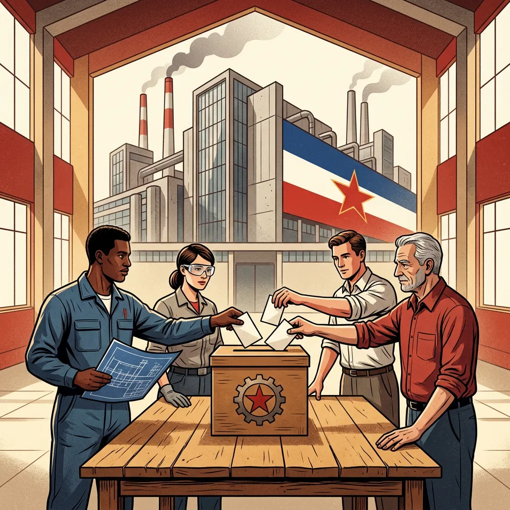 Illustration of four factory workers dropping ballots into a wooden ballot box with a gear and star emblem, inside a factory with smokestacks and a Yugoslav flag visible through the doorway.