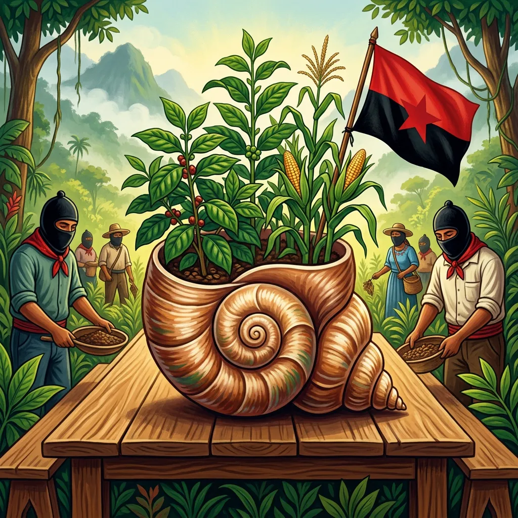 Illustration of two masked Zapatista farmers and community members tending a small plant growing from a spiral snail shell filled with corn and coffee plants, with a red-and-black EZLN flag and a jungle village in the background.