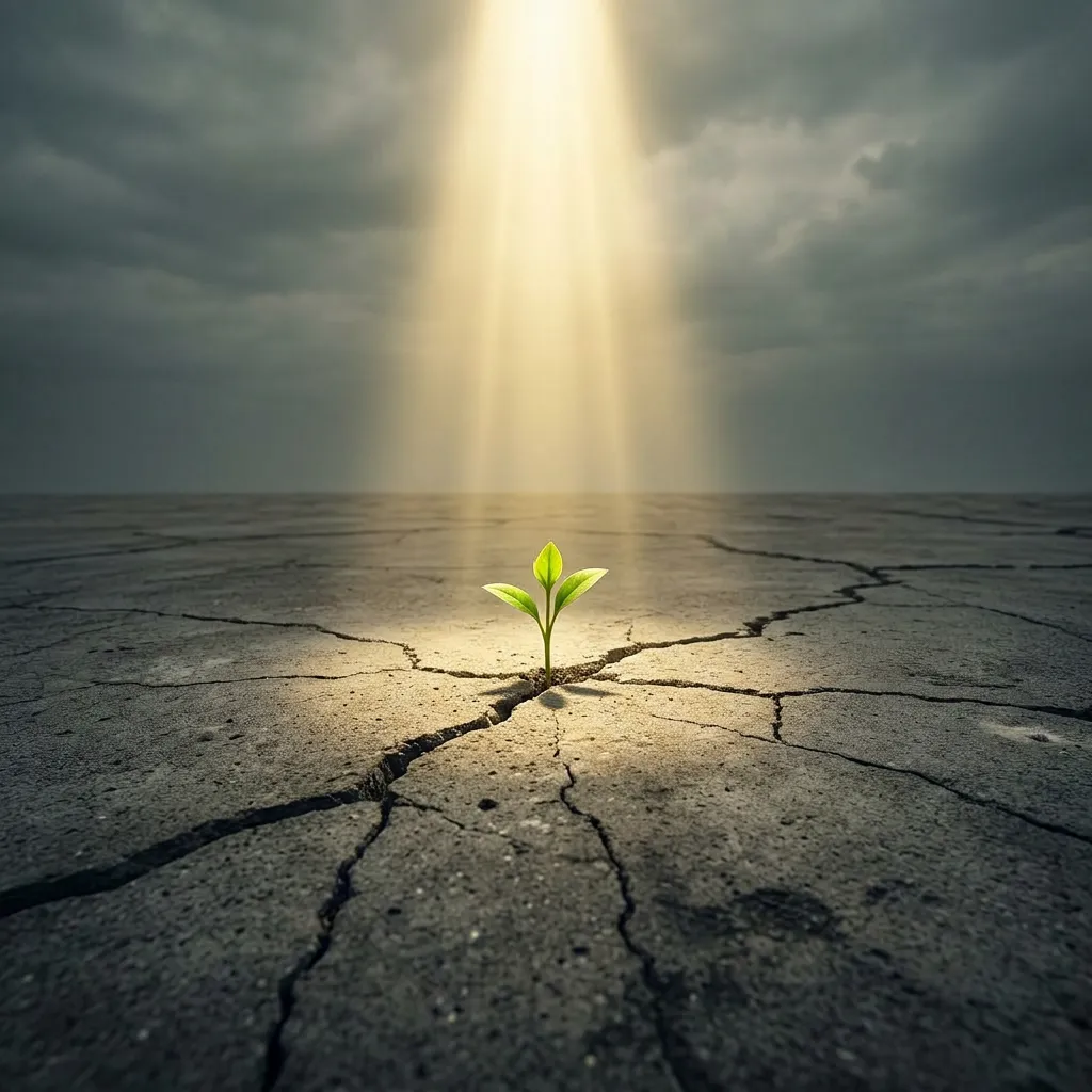 Illustration of a single green seedling breaking through cracked pavement under a beam of light from a cloudy sky.