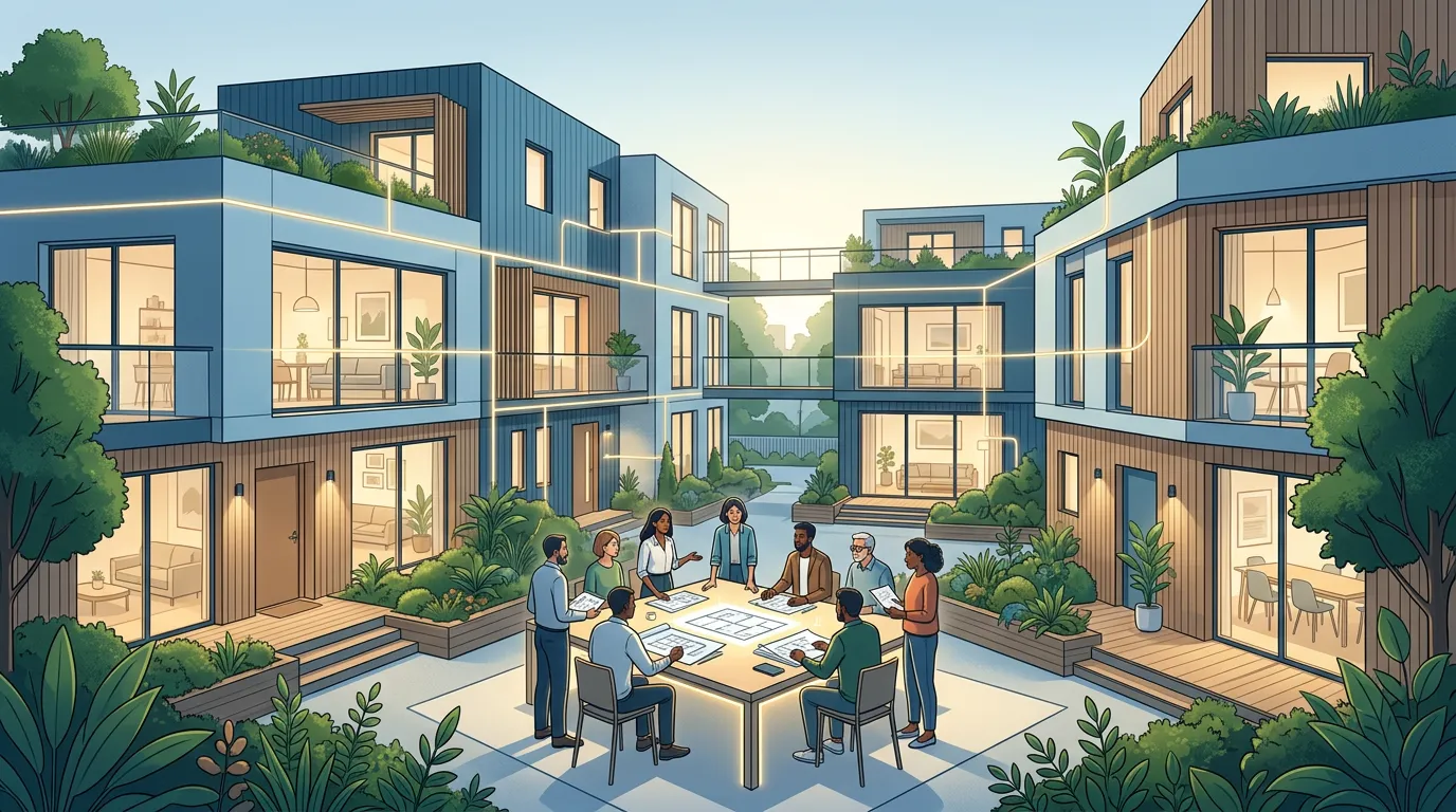 Illustration of a diverse group of neighbors gathered around a glowing shared table with blueprints in a green, plant-filled cohousing courtyard, surrounded by modern rooftop-garden apartment buildings.