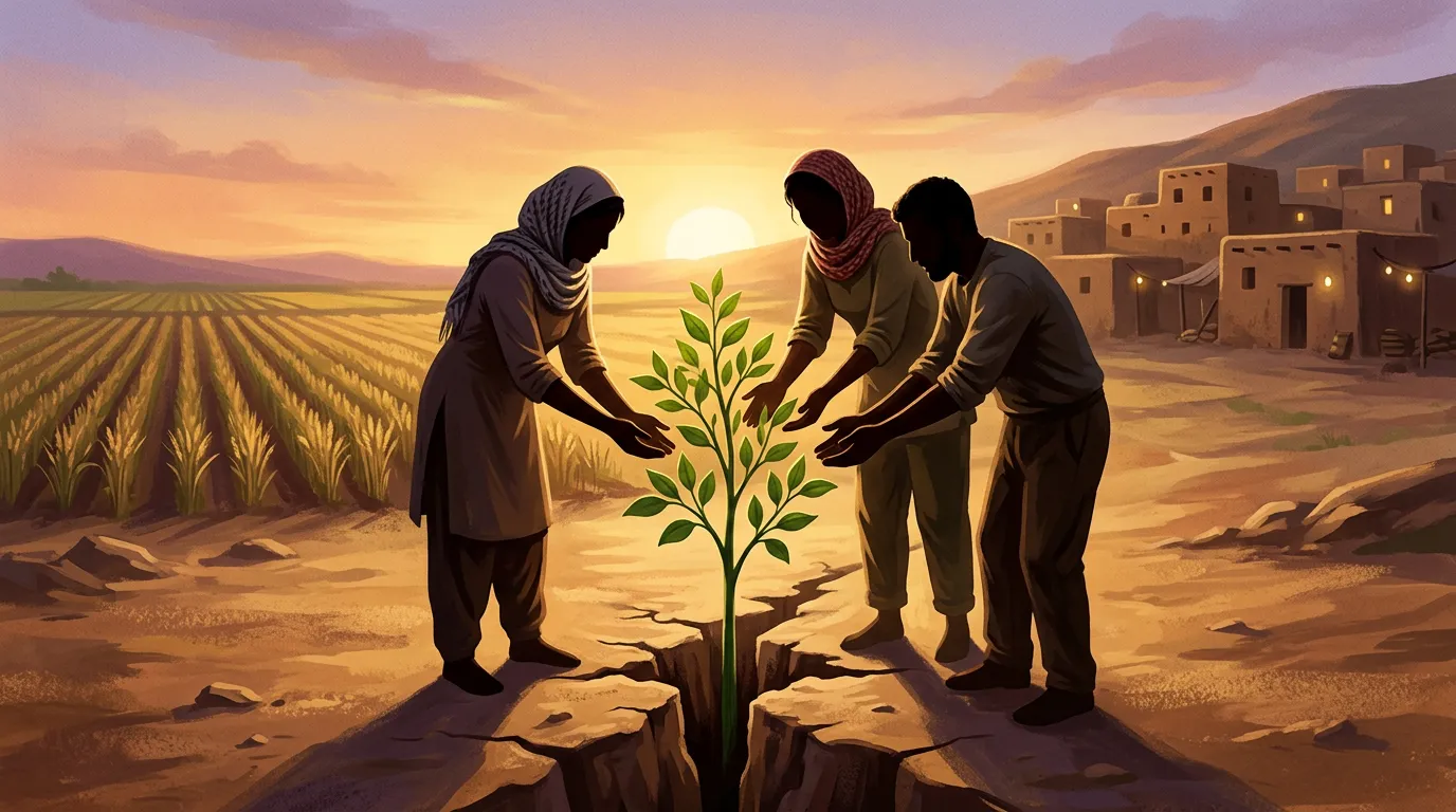 Illustration of three people in a cracked, arid field reaching out together to touch a single green sapling growing at sunset, with wheat fields and an adobe village visible in the background.