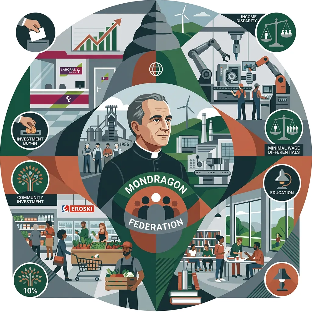 Illustration of Father José María Arizmendiarrieta at the center of a circular diagram showing the Mondragon federation’s key elements: the 1956 steel mill founding, a cooperative bank, a robotic manufacturing facility, an Eroski supermarket, a classroom, and icons for community investment, wage caps, and education.