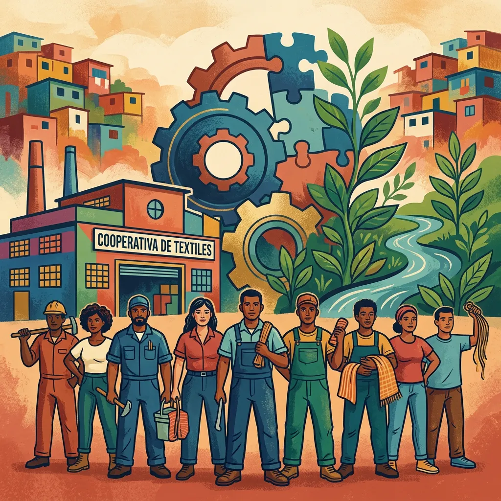 Illustration of nine diverse cooperative workers standing together in front of a “Cooperativa de Textiles” factory, with interlocking gears, a winding river, and colorful hillside neighborhoods in the background.